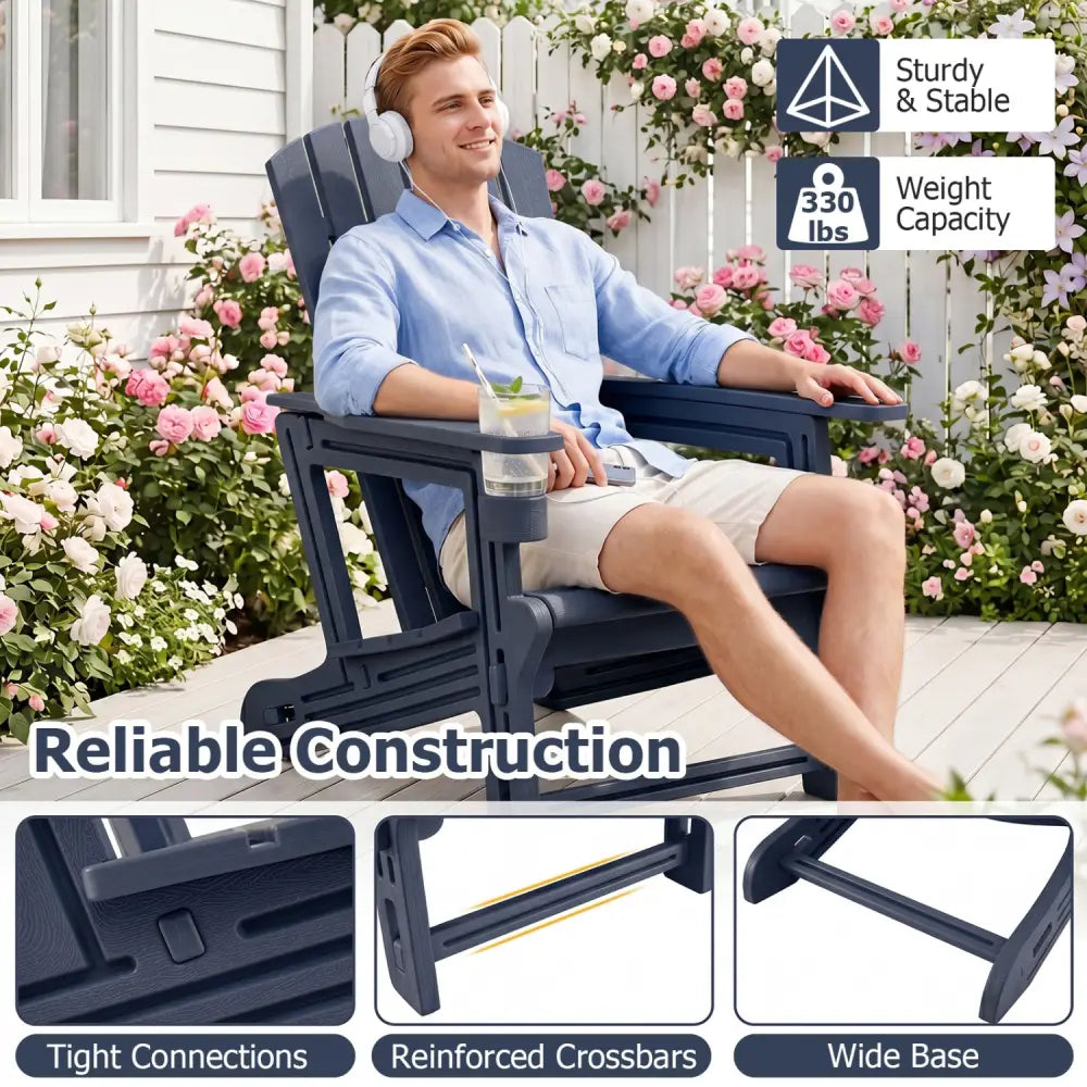 HDPE Adirondack Chair with Cup Holder and Wood-Like Texture High Back for Garden -Blue - Blue - Adirondack Chairs