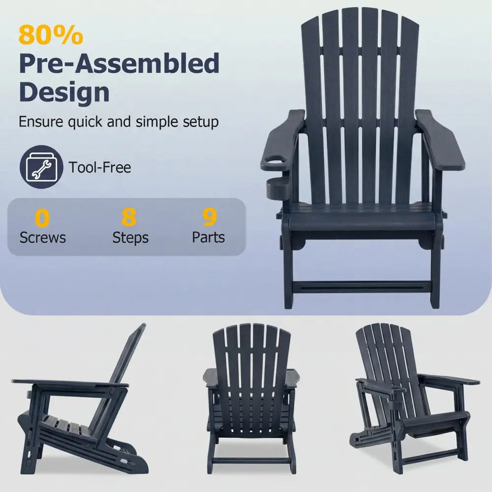 HDPE Adirondack Chair with Cup Holder and Wood-Like Texture High Back for Garden -Blue - Blue - Adirondack Chairs
