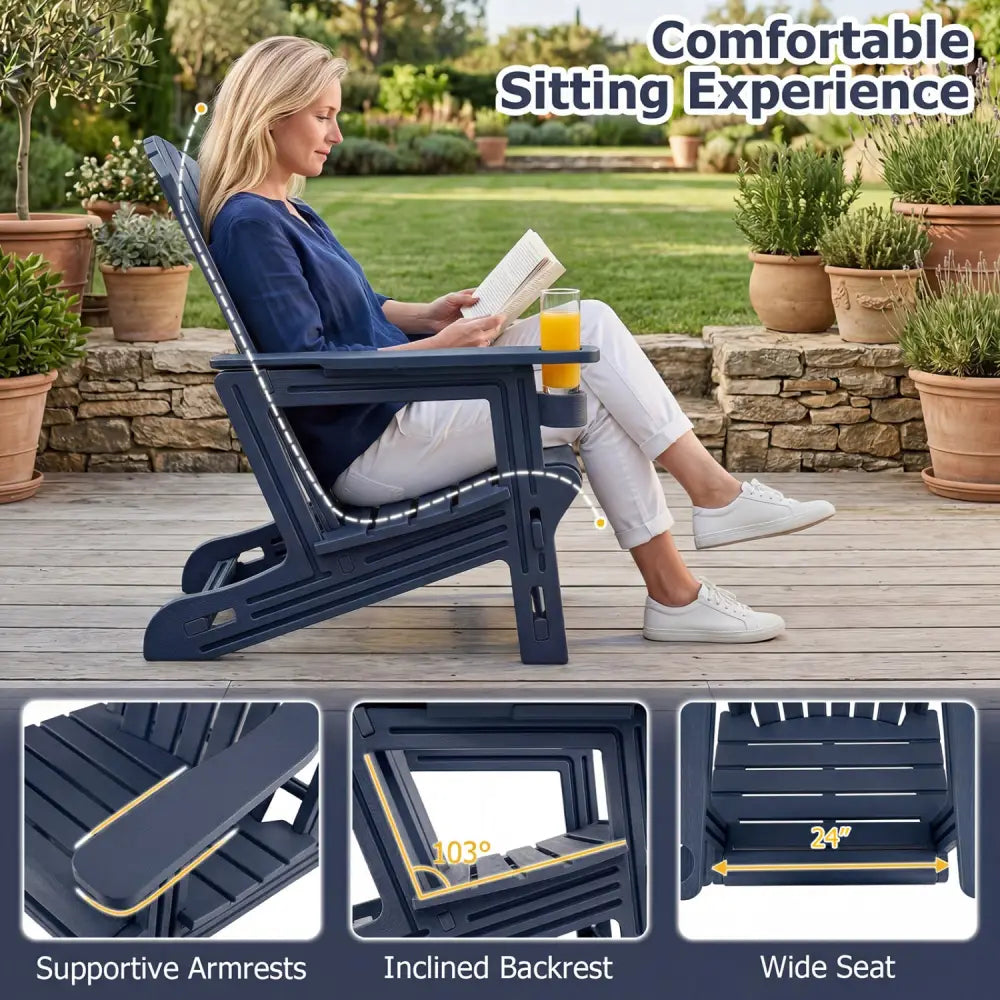 HDPE Adirondack Chair with Cup Holder and Wood-Like Texture High Back for Garden -Blue - Blue - Adirondack Chairs