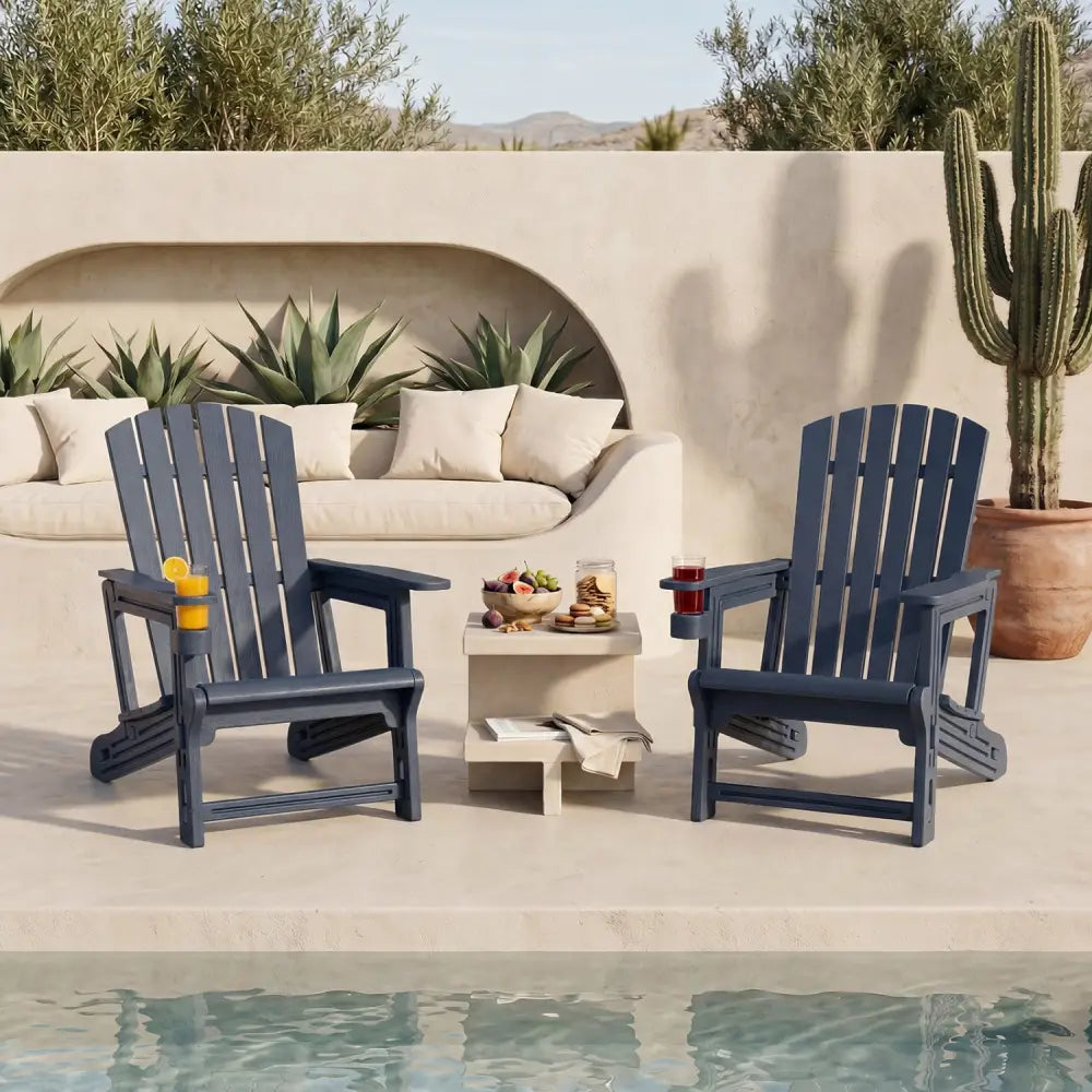 HDPE Adirondack Chair with Cup Holder and Wood-Like Texture High Back for Garden -Blue - Blue - Adirondack Chairs