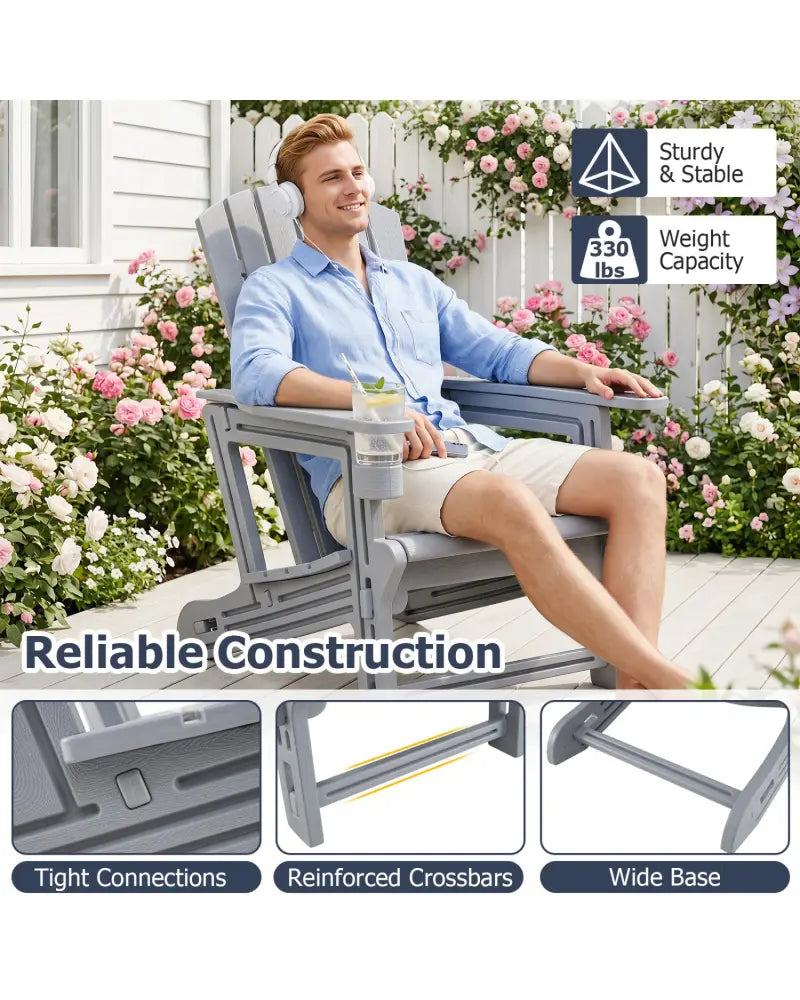 HDPE Adirondack Chair with Cup Holder and Wood-Like Texture High Back for Garden-Gray - Gray - Adirondack Chairs