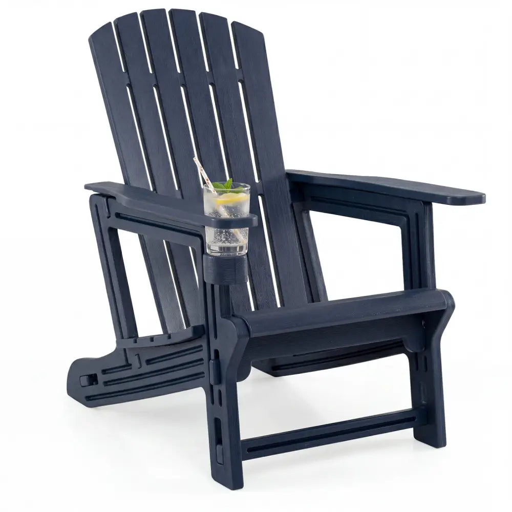 HDPE Adirondack Chair with Cup Holder and Wood-Like Texture High Back for Garden -Blue - Blue - Adirondack Chairs