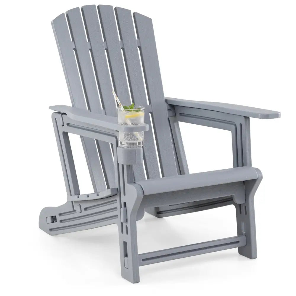 HDPE Adirondack Chair with Cup Holder and Wood-Like Texture High Back for Garden-Gray - Gray - Adirondack Chairs