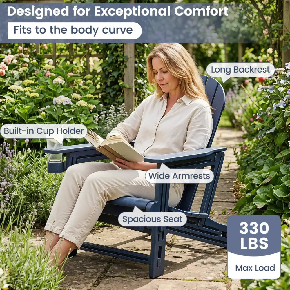 HDPE Adirondack Chair with Cup Holder and Wooden Texture for Patio-Blue - Blue - Adirondack Chairs
