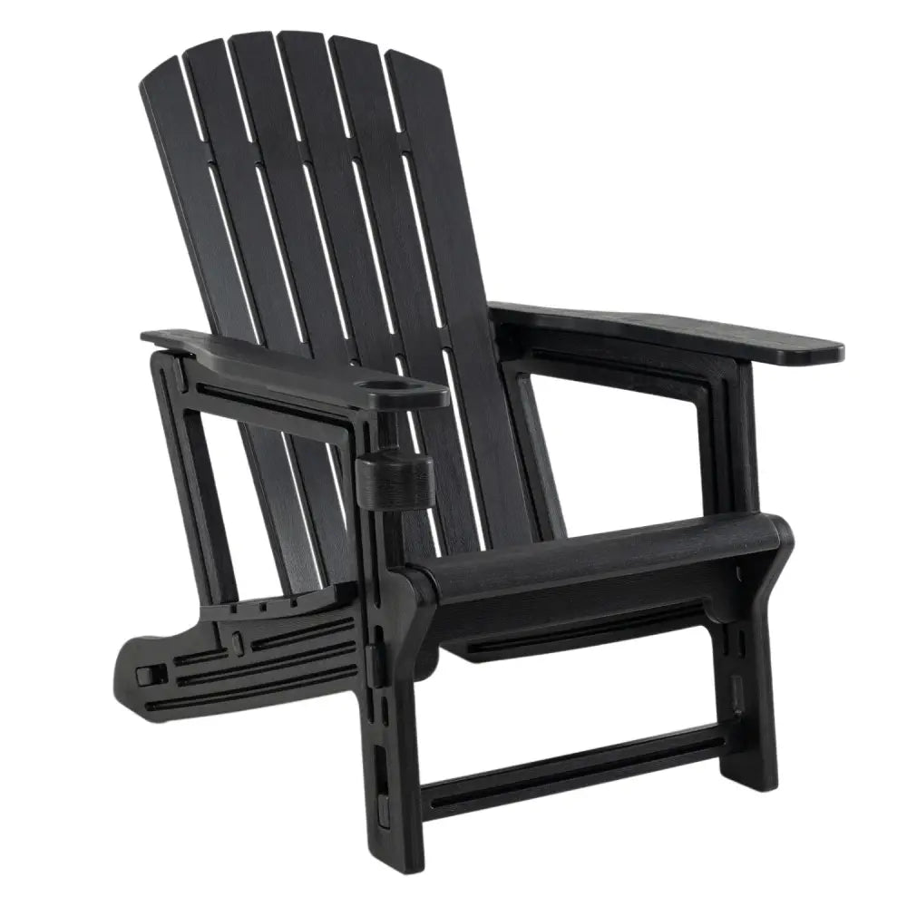 HDPE Adirondack Chair with Cup Holder and Wooden Texture for Patio-Black - Black - Adirondack Chairs
