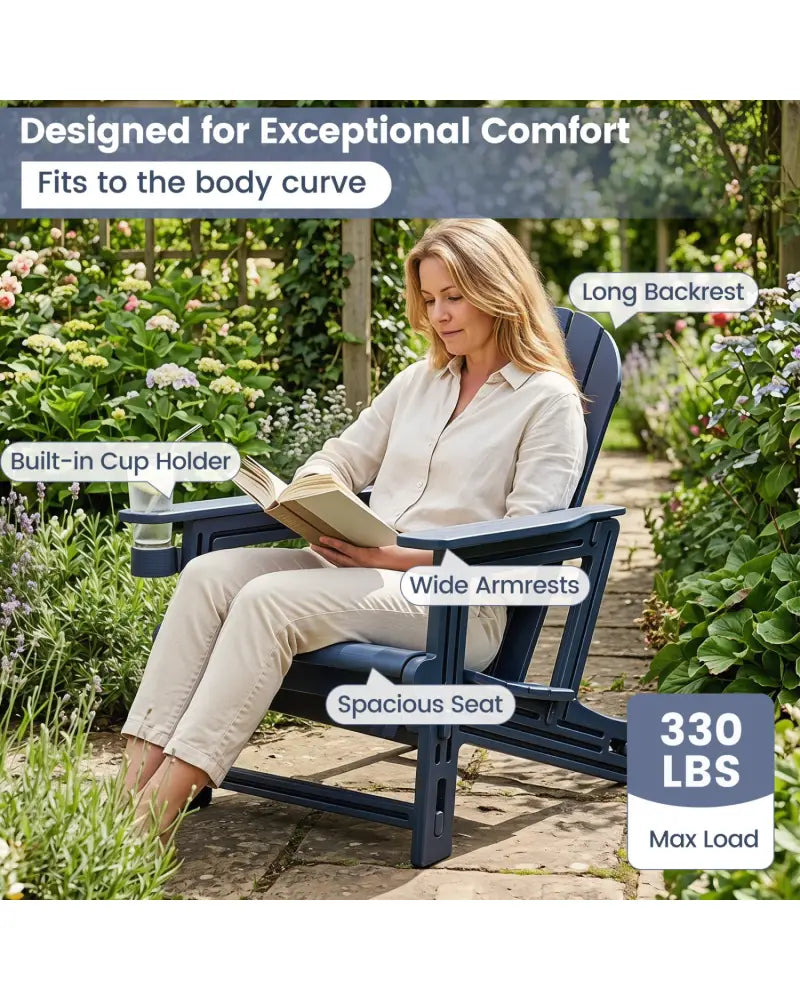 HDPE Adirondack Chair with Cup Holder and Wooden Texture for Patio-Blue - Blue - Adirondack Chairs