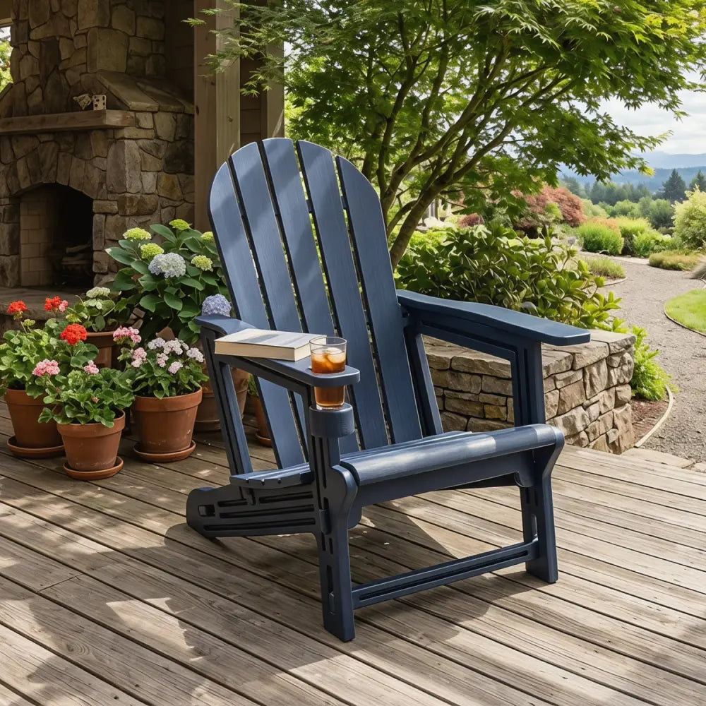 HDPE Adirondack Chair with Cup Holder and Wooden Texture for Patio-Blue - Blue - Adirondack Chairs