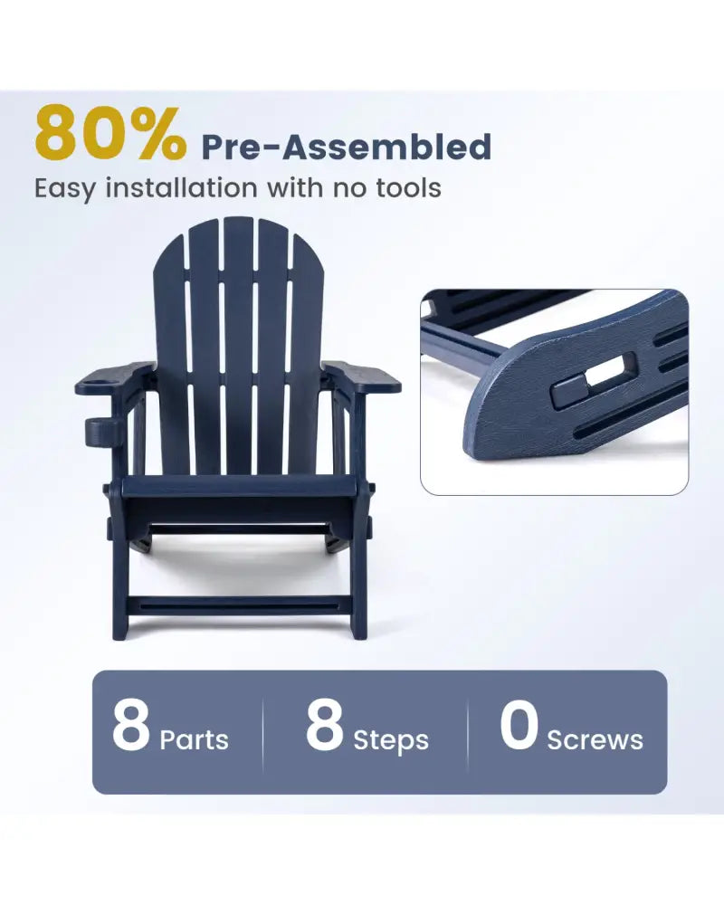 HDPE Adirondack Chair with Cup Holder and Wooden Texture for Patio-Blue - Blue - Adirondack Chairs