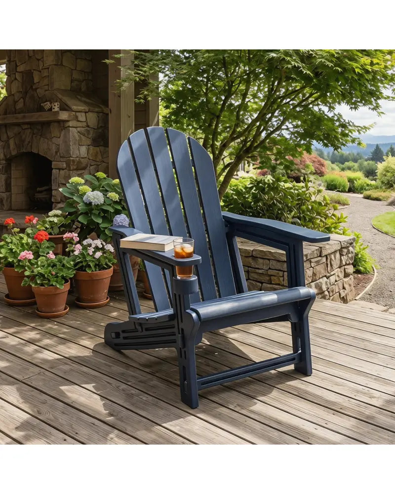 HDPE Adirondack Chair with Cup Holder and Wooden Texture for Patio-Blue - Blue - Adirondack Chairs