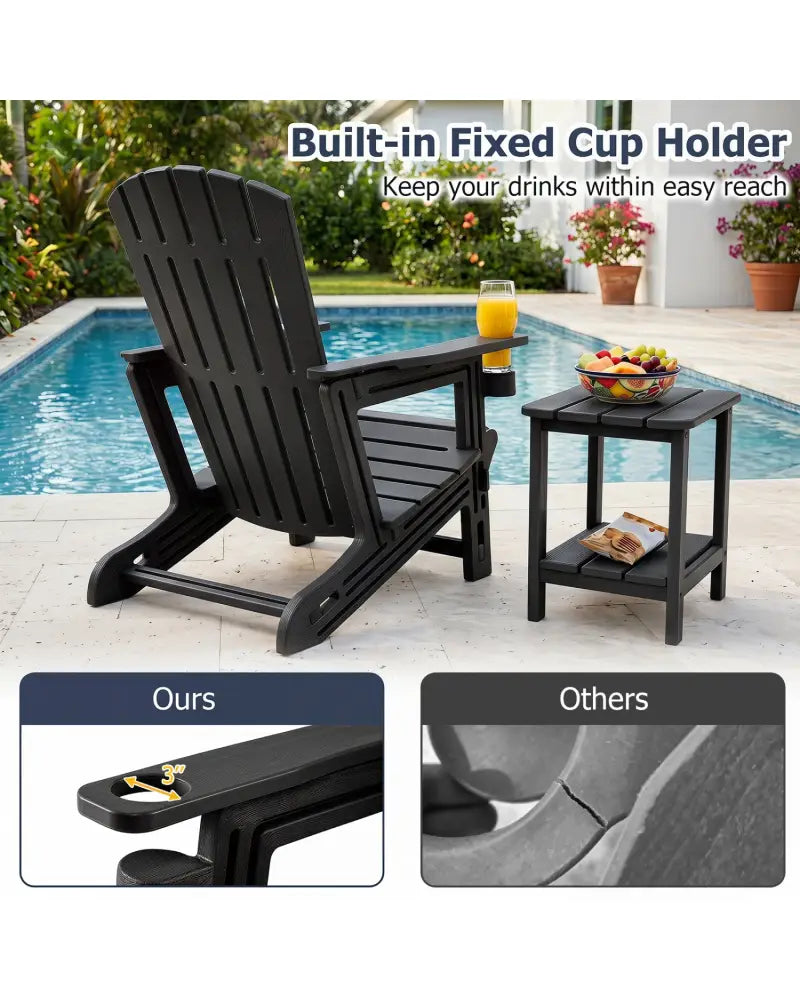 HDPE Adirondack Chair with Cup Holder and Wooden Texture for Patio-Black - Black - Adirondack Chairs