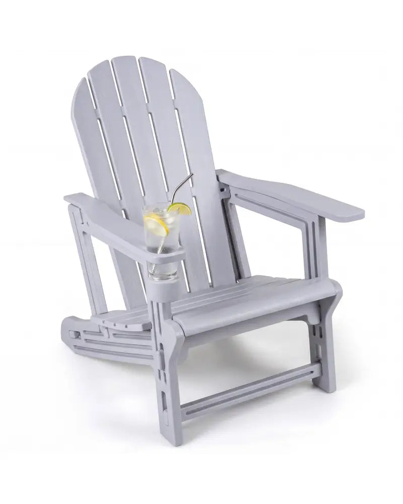 HDPE Adirondack Chair with Cup Holder and Wooden Texture for Patio-Gray - Gray - Adirondack Chairs