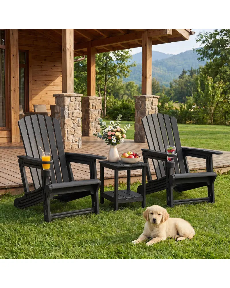 HDPE Adirondack Chair with Cup Holder and Wooden Texture for Patio-Black - Black - Adirondack Chairs