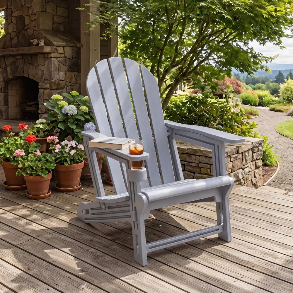 HDPE Adirondack Chair with Cup Holder and Wooden Texture for Patio-Gray - Gray - Adirondack Chairs