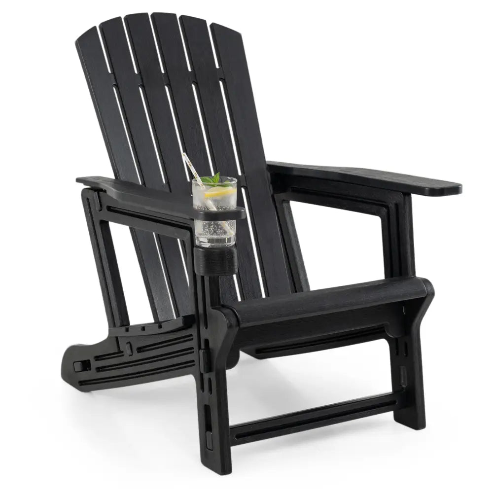 HDPE Adirondack Chair with Cup Holder and Wooden Texture for Patio-Black - Black - Adirondack Chairs