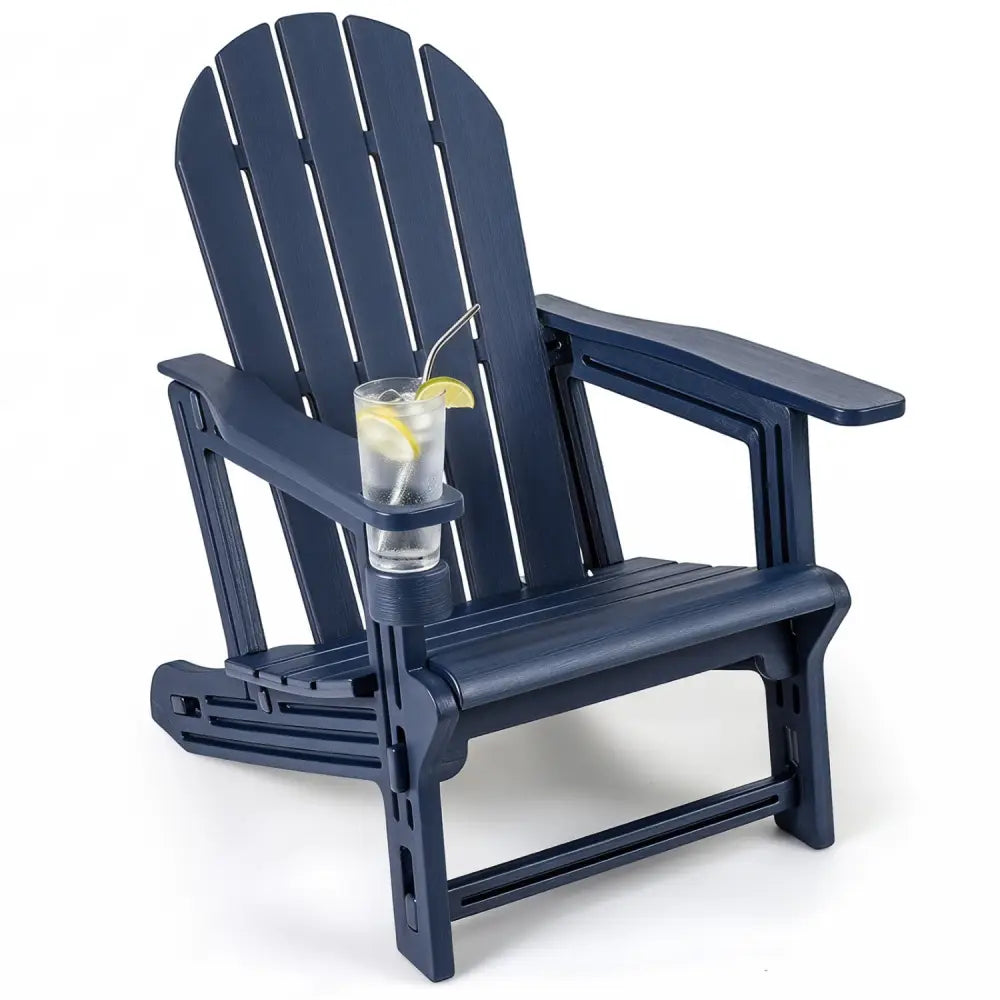 HDPE Adirondack Chair with Cup Holder and Wooden Texture for Patio-Blue - Blue - Adirondack Chairs