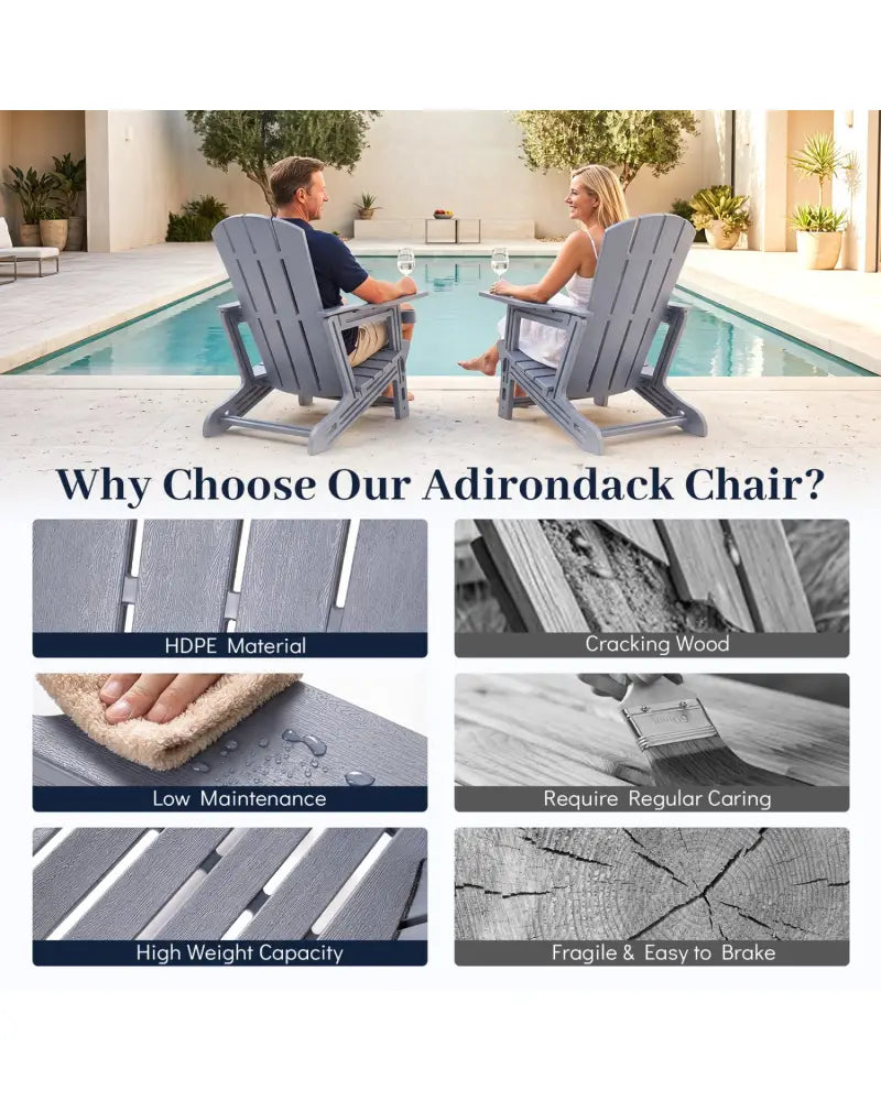 HDPE Adirondack Chairs with Realistic Wood Grain for Backyard Lawn-Gray - Gray - Adirondack Chairs