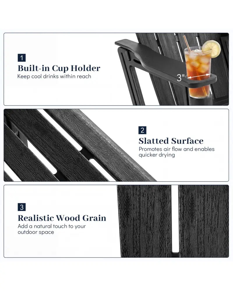 HDPE Adirondack Chairs with Realistic Wood Grain for Backyard Lawn-Black - Black - Adirondack Chairs
