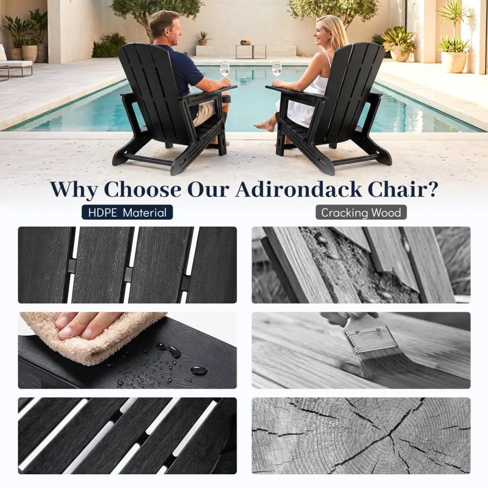 HDPE Adirondack Chairs with Realistic Wood Grain for Backyard Lawn-Black - Black - Adirondack Chairs