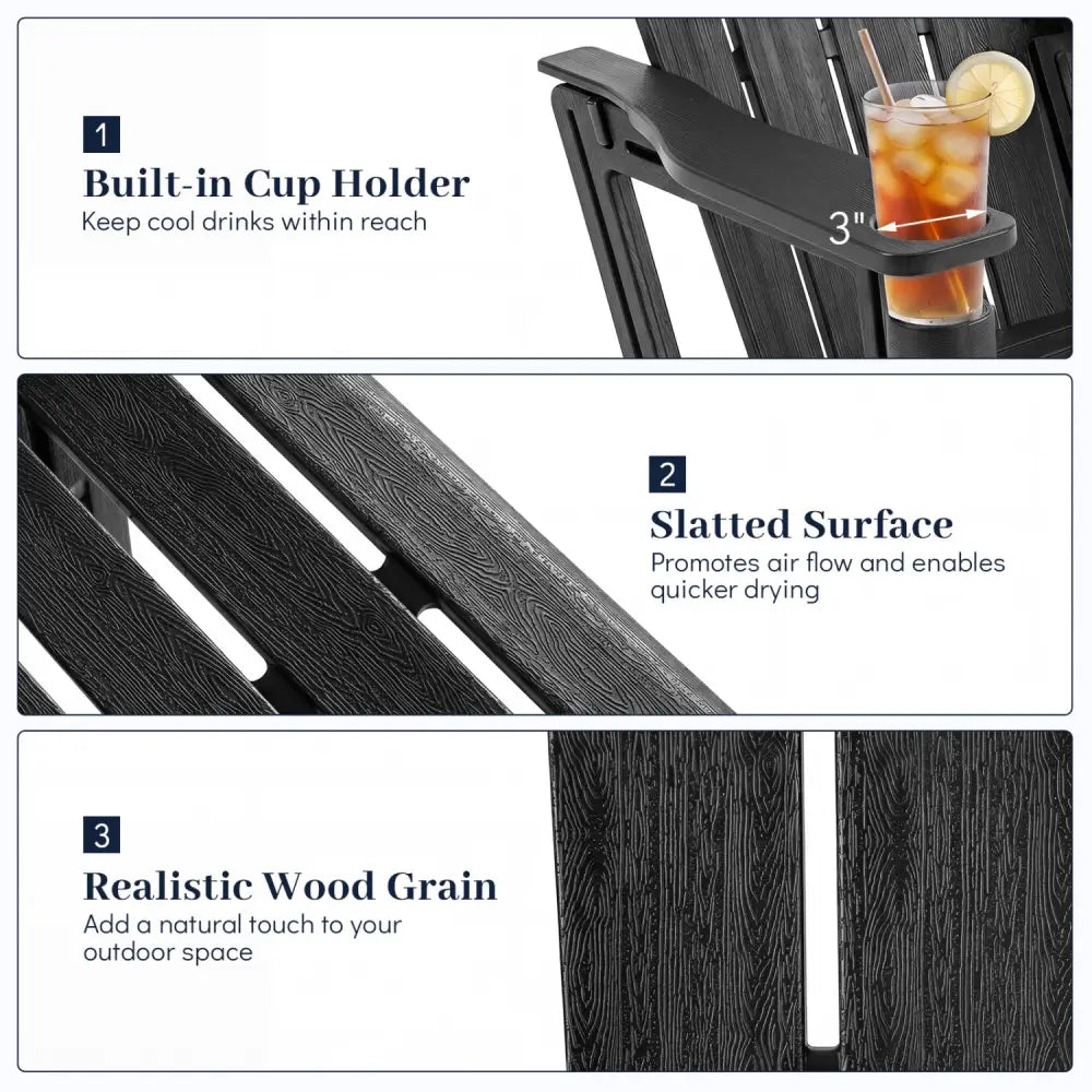 HDPE Adirondack Chairs with Realistic Wood Grain for Backyard Lawn-Black - Black - Adirondack Chairs