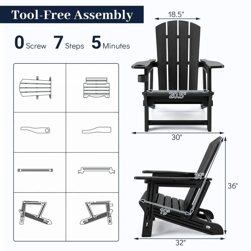 HDPE Adirondack Chairs with Realistic Wood Grain for Backyard Lawn-Black - Black - Adirondack Chairs