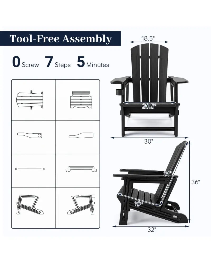 HDPE Adirondack Chairs with Realistic Wood Grain for Backyard Lawn-Black - Black - Adirondack Chairs
