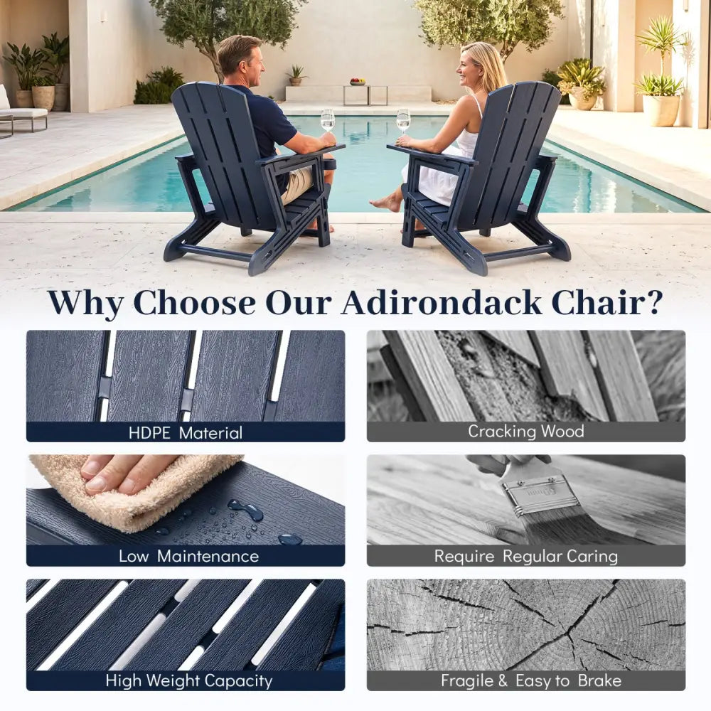 HDPE Adirondack Chairs with Realistic Wood Grain for Backyard Lawn-Blue - Blue - Adirondack Chairs