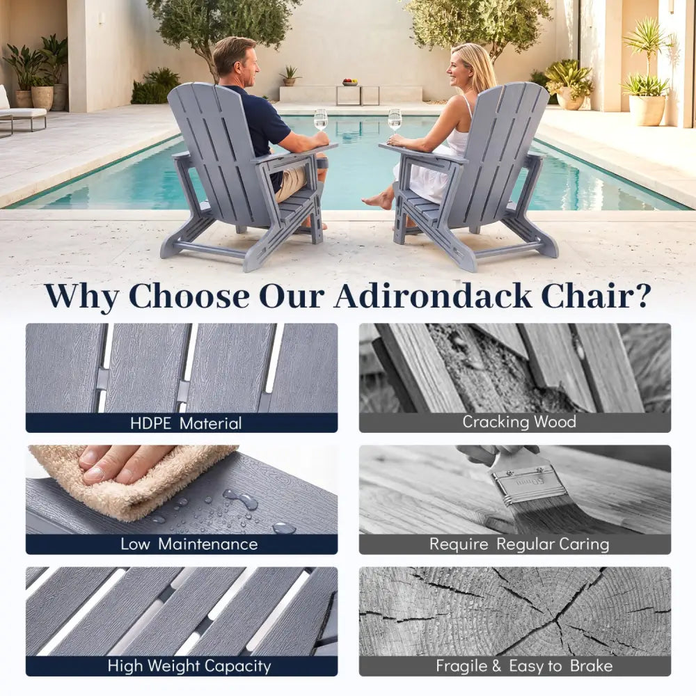 HDPE Adirondack Chairs with Realistic Wood Grain for Backyard Lawn-Gray - Gray - Adirondack Chairs