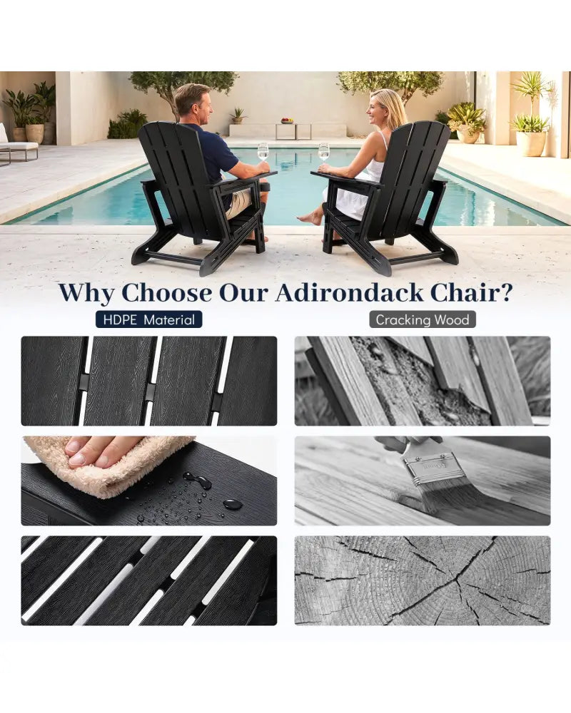 HDPE Adirondack Chairs with Realistic Wood Grain for Backyard Lawn-Black - Black - Adirondack Chairs