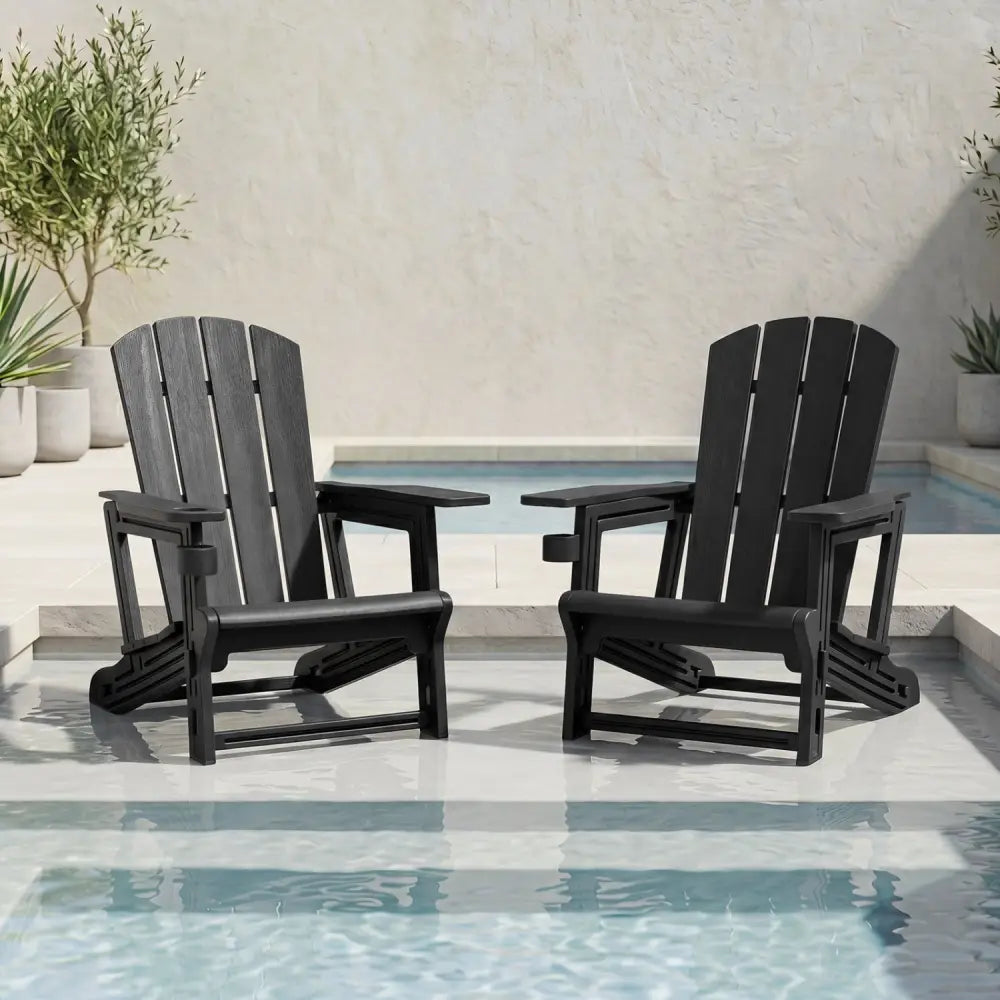 HDPE Adirondack Chairs with Realistic Wood Grain for Backyard Lawn-Black - Black - Adirondack Chairs