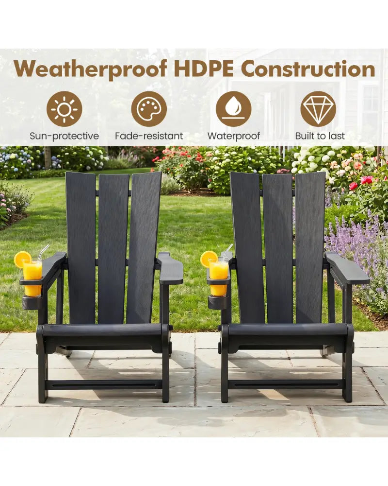 HDPE Outdoor Adirondack Chairs with Cup Holder-Black - Black - Adirondack Chairs