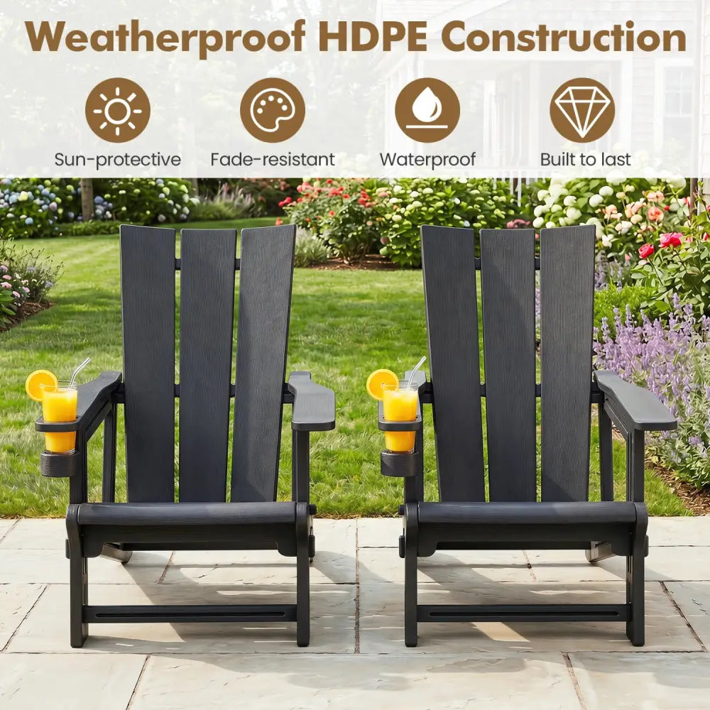 HDPE Outdoor Adirondack Chairs with Cup Holder-Black - Black - Adirondack Chairs
