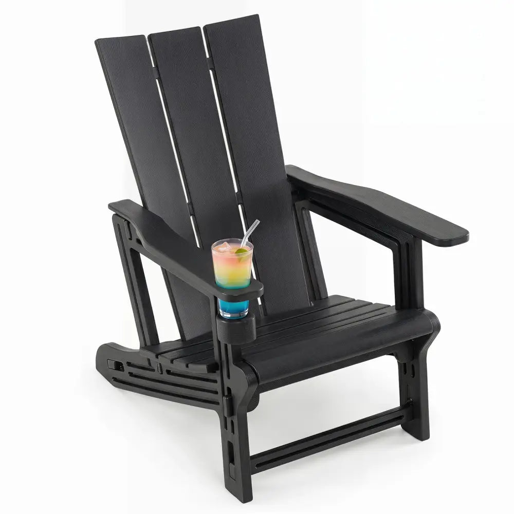 HDPE Outdoor Adirondack Chairs with Cup Holder-Black - Black - Adirondack Chairs