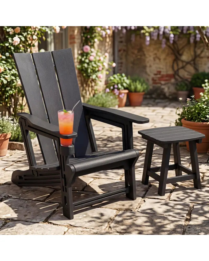 HDPE Outdoor Adirondack Chairs with Cup Holder-Black - Black - Adirondack Chairs