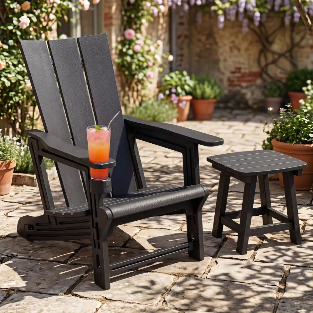 HDPE Outdoor Adirondack Chairs with Cup Holder-Black - Black - Adirondack Chairs