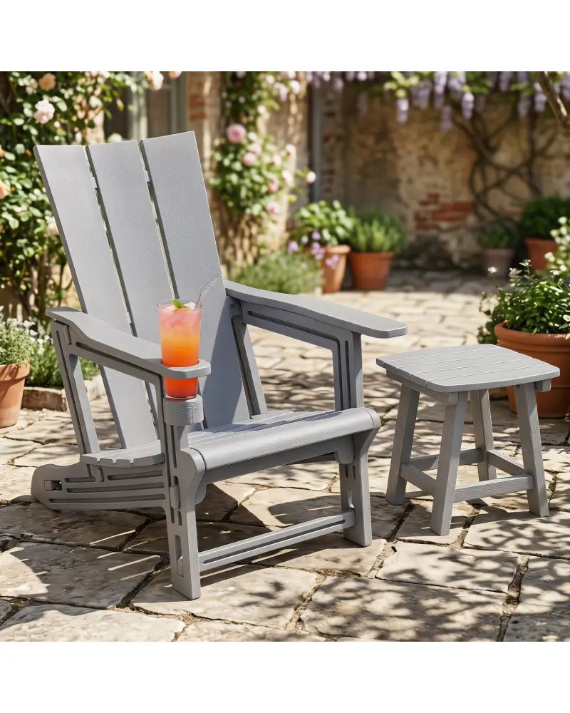 HDPE Outdoor Adirondack Chairs with Cup Holder-Gray - Gray - Adirondack Chairs