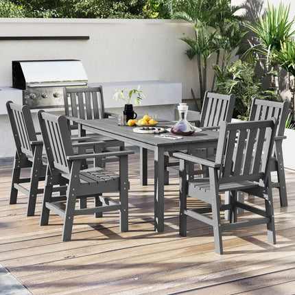 HDPE Outdoor Dining Table for 6 Person with Wood-Like Tabletop and Umbrella Hole-Gray - Gray - Patio Dining Tables
