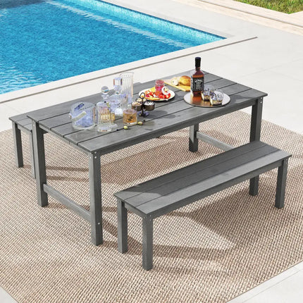 HDPE Outdoor Dining Table for 6 Person with Wood-Like Tabletop and Umbrella Hole-Gray - Gray - Patio Dining Tables