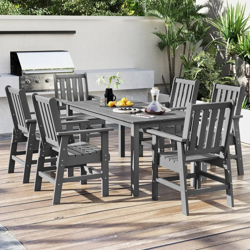 HDPE Outdoor Dining Table for 6 Person with Wood-Like Tabletop and Umbrella Hole-Gray - Gray - Patio Dining Tables