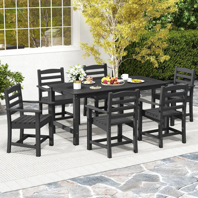 HDPE Outdoor Dining Table for 6 Person with Wood-Like Tabletop and Umbrella Hole-Black - Black - Patio Dining Tables