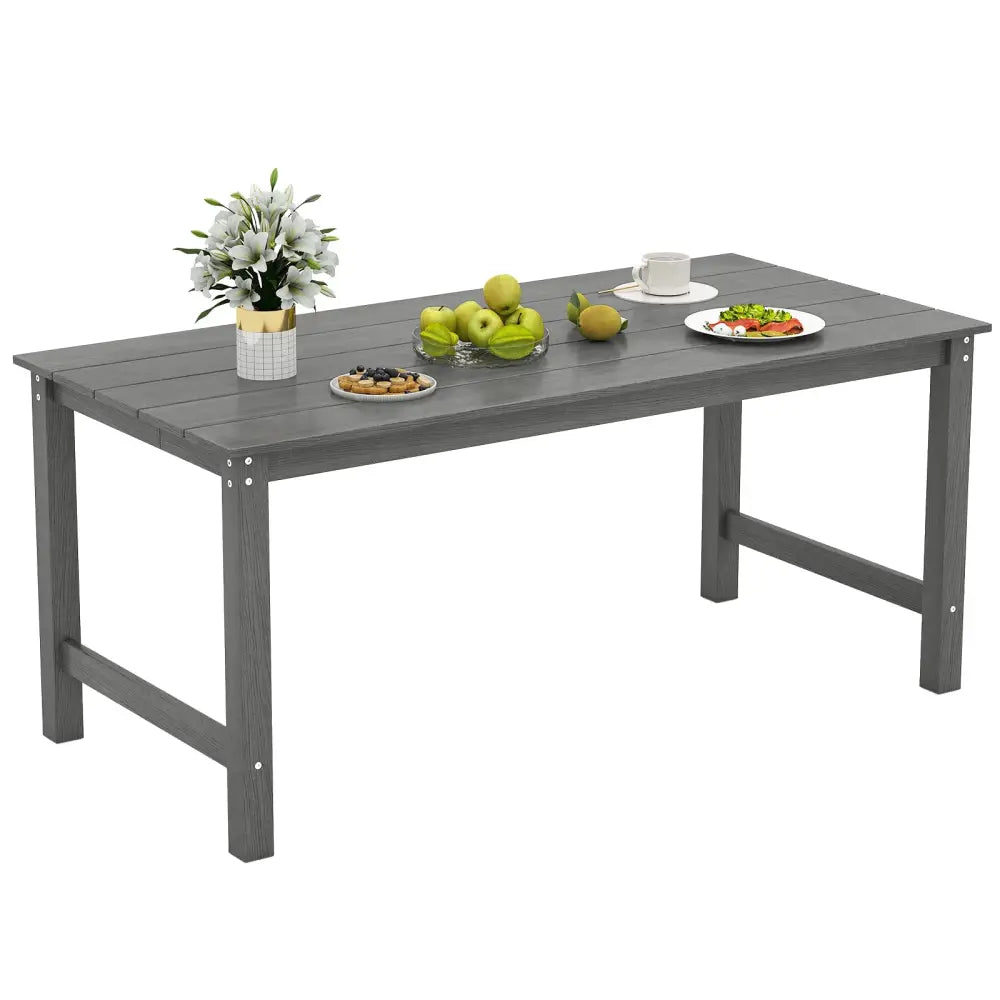 HDPE Outdoor Dining Table for 6 Person with Wood-Like Tabletop and Umbrella Hole-Gray - Gray - Patio Dining Tables