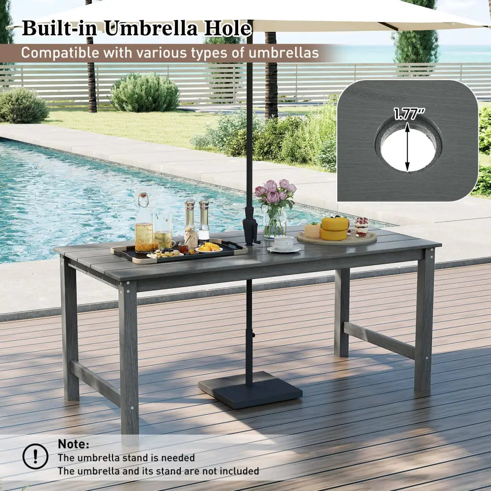 HDPE Outdoor Dining Table for 6 Person with Wood-Like Tabletop and Umbrella Hole-Gray - Gray - Patio Dining Tables