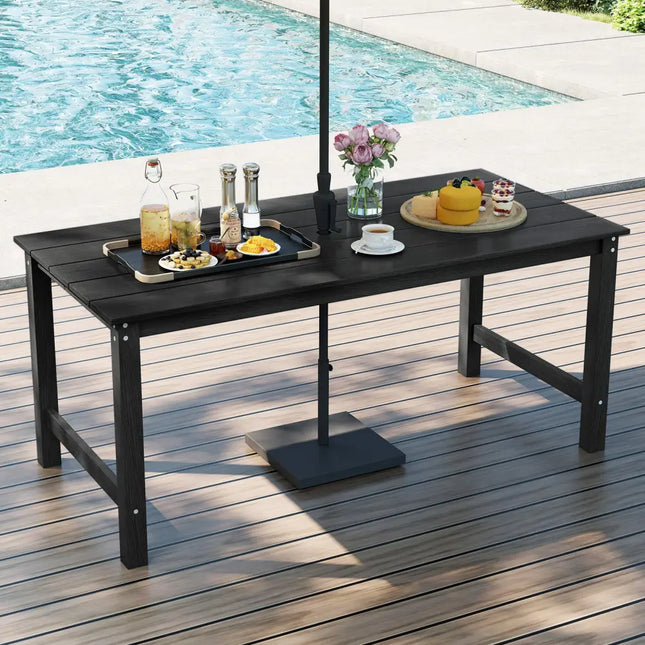 HDPE Outdoor Dining Table for 6 Person with Wood-Like Tabletop and Umbrella Hole-Black - Black - Patio Dining Tables