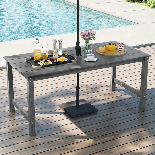 HDPE Outdoor Dining Table for 6 Person with Wood-Like Tabletop and Umbrella Hole-Gray - Gray - Patio Dining Tables