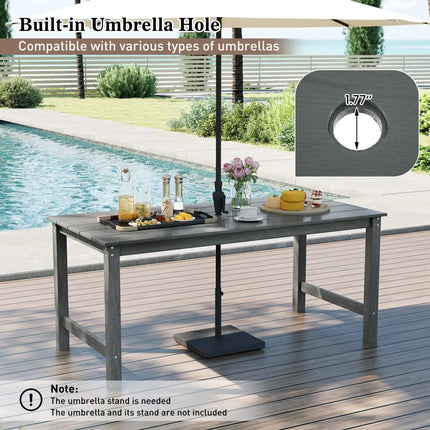 HDPE Outdoor Dining Table for 6 Person with Wood-Like Tabletop and Umbrella Hole-Gray - Gray - Patio Dining Tables