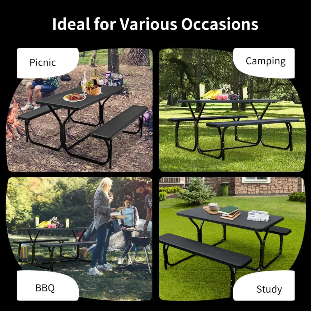 HDPE Outdoor Picnic Table Bench Set with Metal Base-Black - Black - Picnic Tables