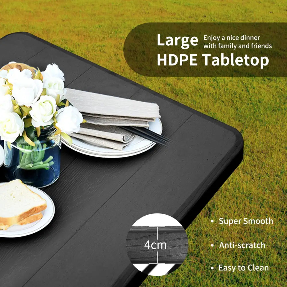 HDPE Outdoor Picnic Table Bench Set with Metal Base-Black - Black - Picnic Tables