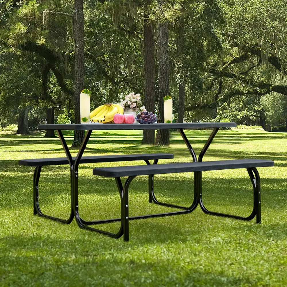 HDPE Outdoor Picnic Table Bench Set with Metal Base-Black - Black - Picnic Tables