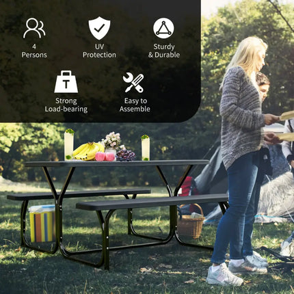 HDPE Outdoor Picnic Table Bench Set with Metal Base-Black - Black - Picnic Tables