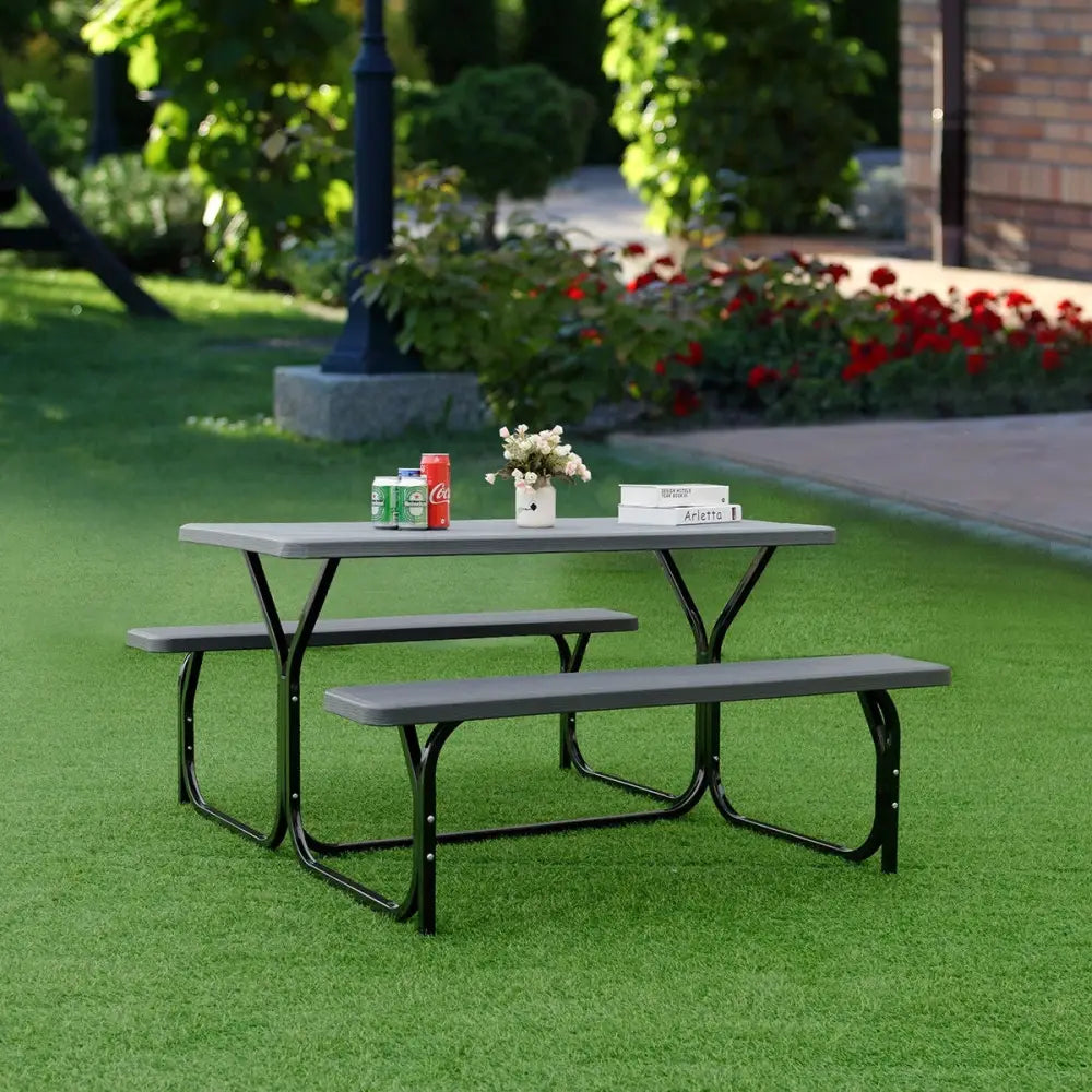 HDPE Outdoor Picnic Table Bench Set with Metal Base-Black - Black - Picnic Tables