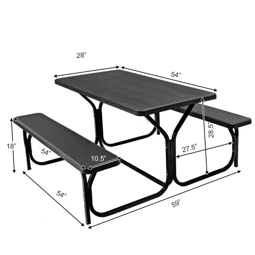 HDPE Outdoor Picnic Table Bench Set with Metal Base-Black - Black - Picnic Tables